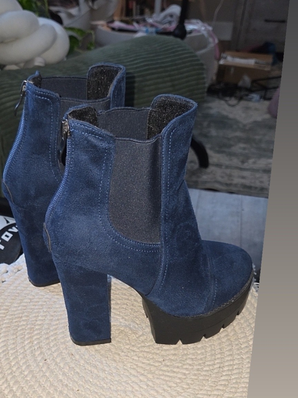 Suede Navy Blue Platform Chelsea High Heel Ankle Boot